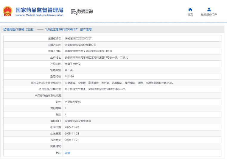 沃壹健康“负离子治疗仪”正式获批国家第二类医疗器械注册证 开启呼吸健康管理新篇章(图1) 沃壹健康“负离子治疗仪”正式获批国家第二类医疗器械注册证 开启呼吸健康管理新篇章(图1)